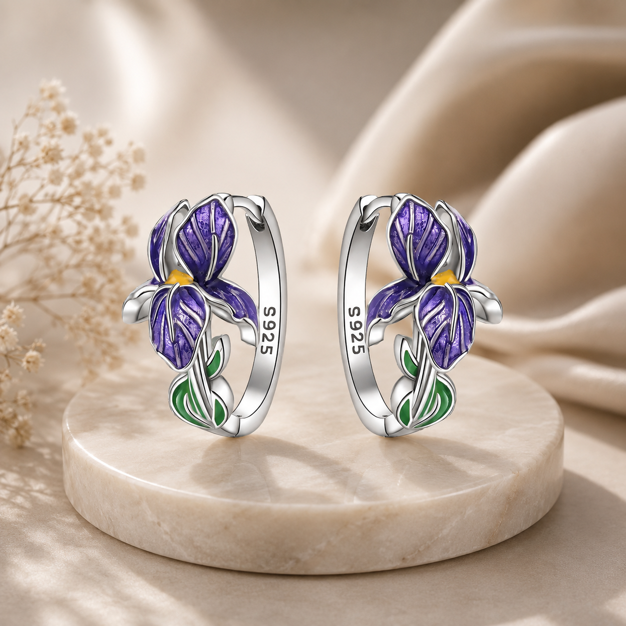 S925 Silver Earrings with Purple Flower