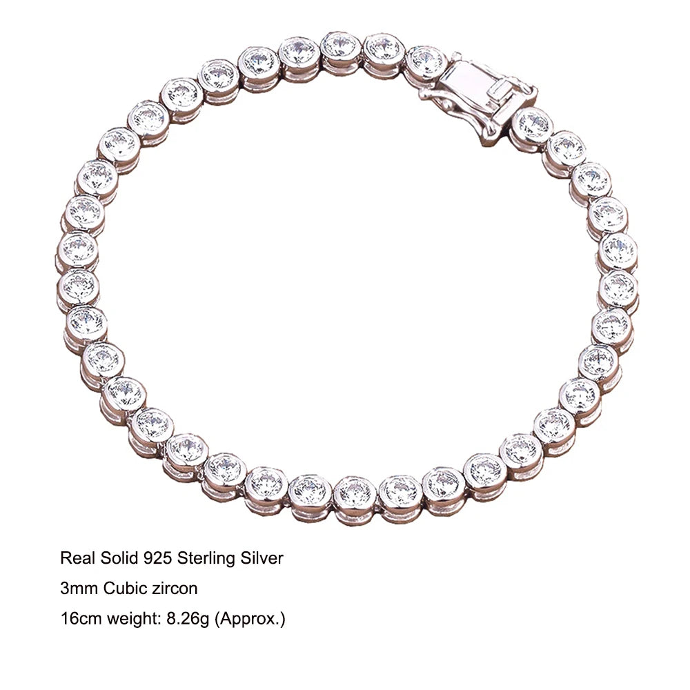 Solid Silver 15-18CM Solid Real 925 Sterling Silver Bracelet With 3mm Sparkly Zircon Pure Fine Jewelry For Women