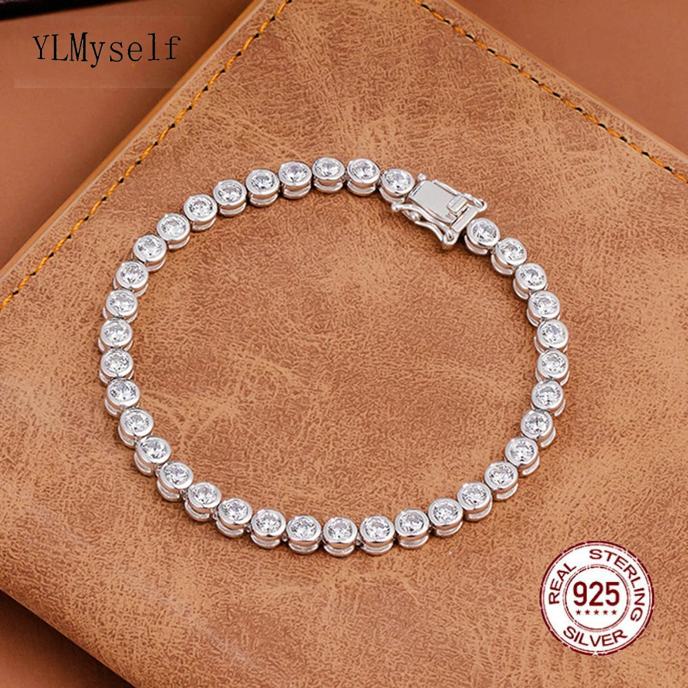 Solid Silver 15-18CM Solid Real 925 Sterling Silver Bracelet With 3mm Sparkly Zircon Pure Fine Jewelry For Women