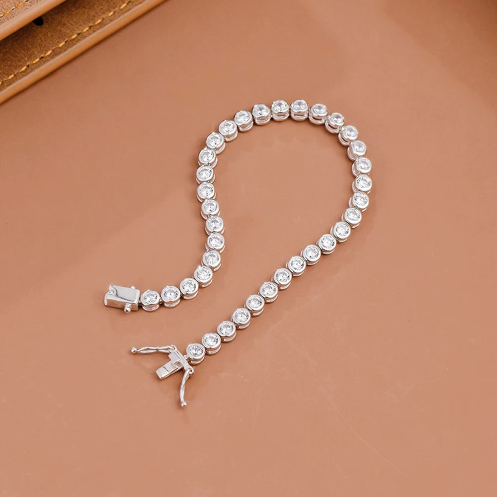 Solid Silver 15-18CM Solid Real 925 Sterling Silver Bracelet With 3mm Sparkly Zircon Pure Fine Jewelry For Women