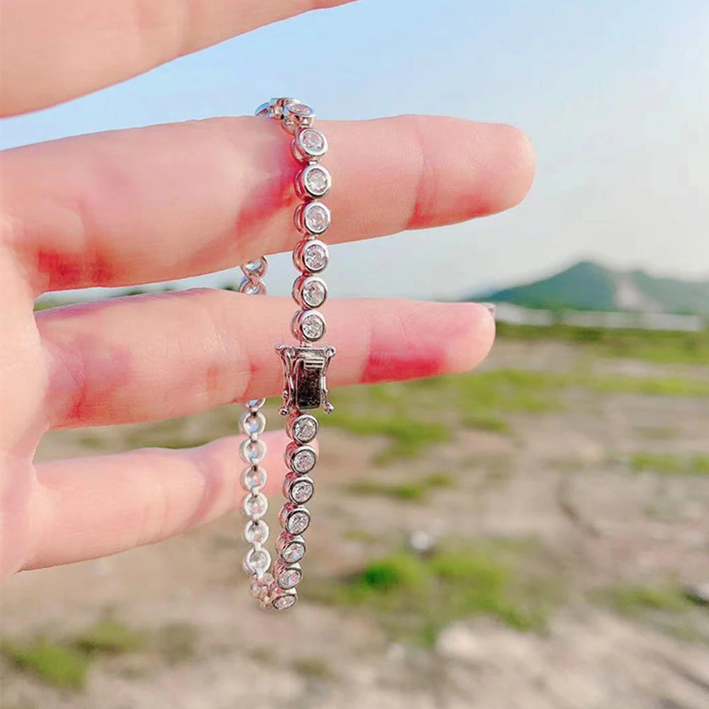 Solid Silver 15-18CM Solid Real 925 Sterling Silver Bracelet With 3mm Sparkly Zircon Pure Fine Jewelry For Women