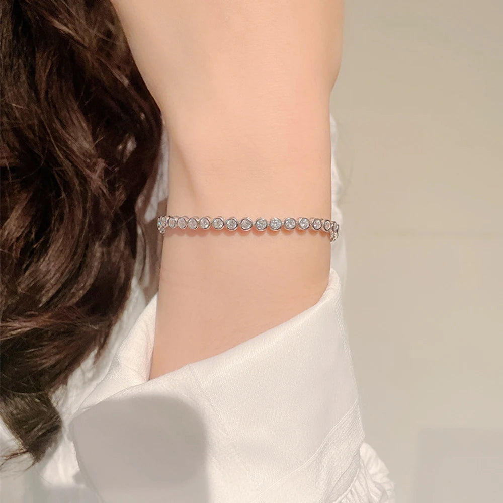 Solid Silver 15-18CM Solid Real 925 Sterling Silver Bracelet With 3mm Sparkly Zircon Pure Fine Jewelry For Women