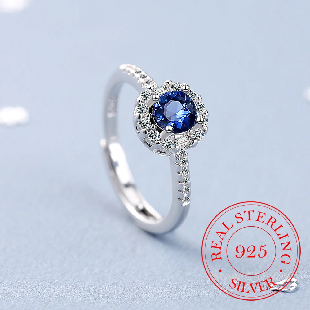 925 Sterling Silver New Woman Fashion Jewelry High Quality Crystal Zircon Blue Sapphire Open Adjustable Ring anillos mujer