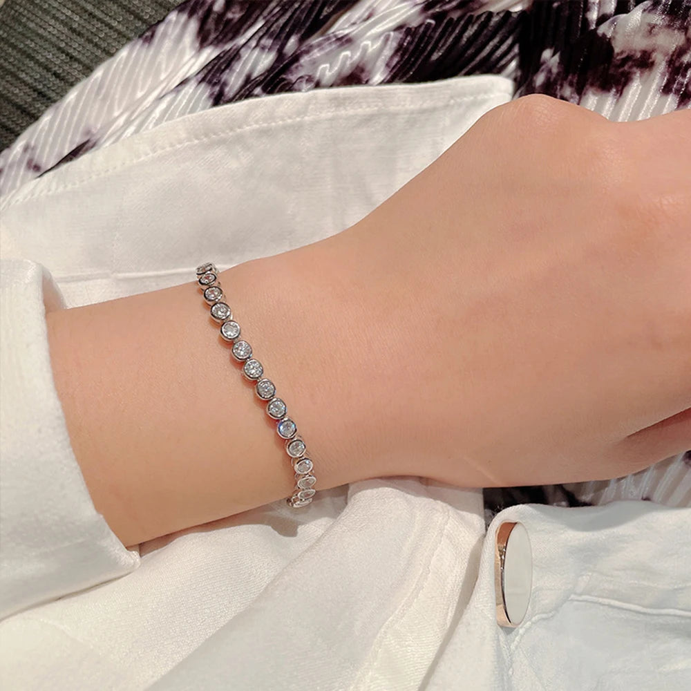 Solid Silver 15-18CM Solid Real 925 Sterling Silver Bracelet With 3mm Sparkly Zircon Pure Fine Jewelry For Women