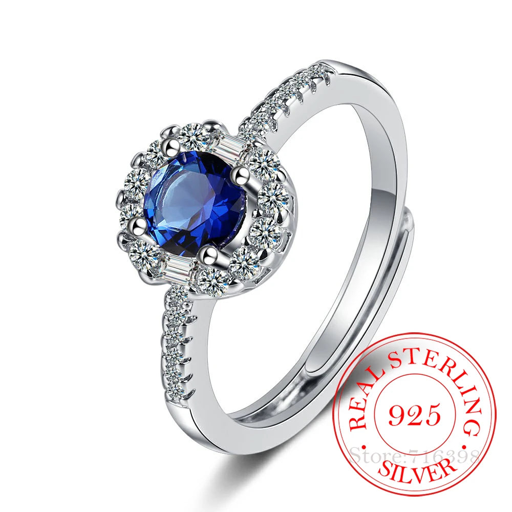 925 Sterling Silver New Woman Fashion Jewelry High Quality Crystal Zircon Blue Sapphire Open Adjustable Ring anillos mujer