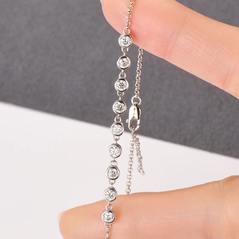 RAPRGOLD S925 Sterling Silver Bracelet for Women Round All Moissanite Charm Bracelets Chain Wedding Fine Jewelry Gifts Pulseras