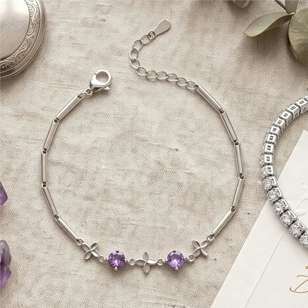 Silver Color Four Leaf Clover Bracelets For Women Purple Cubic Zirconia Thin Bar Chain Hand Chain Dainty Daily Jewelry Gifts