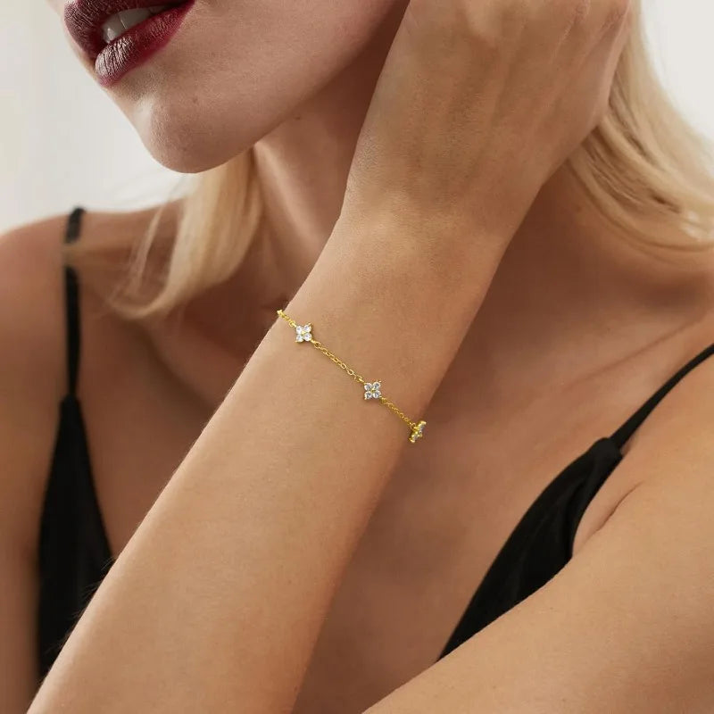 925 Silver Plated Four Leaf Flower 18k Gold Zircon Bracelet For Women Temperament Exquisite Adjustable Link Chain Jewelry Gifts