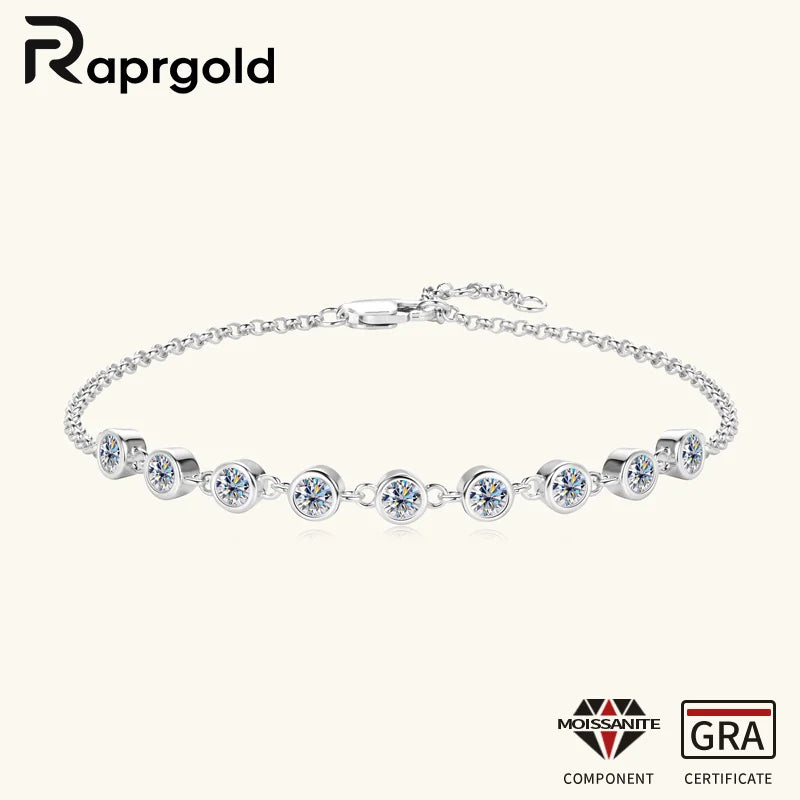 RAPRGOLD S925 Sterling Silver Bracelet for Women Round All Moissanite Charm Bracelets Chain Wedding Fine Jewelry Gifts Pulseras