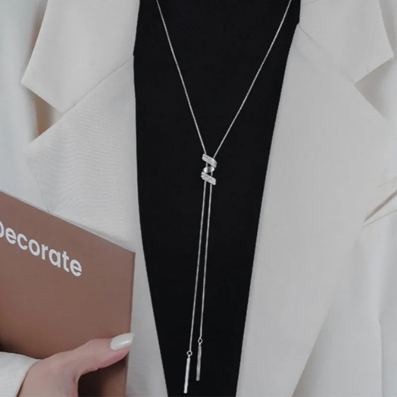 Silver Color Long Tassel Threaded Pendant Necklace for Women Simple Fashion Clavicle Chain Party Jewelry Accessory Gifts