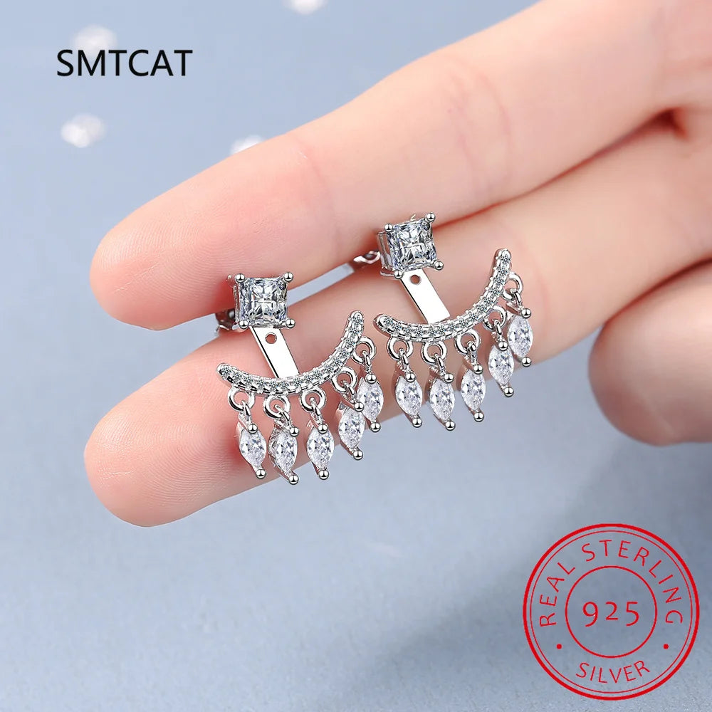 Front Back Double Sided Moissanite Stud Earring Pendientes Plata 925 Sterling Silver Earrings For Women 2 in 1 Ear Jewelry