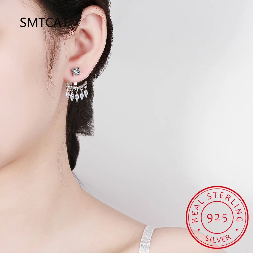 Front Back Double Sided Moissanite Stud Earring Pendientes Plata 925 Sterling Silver Earrings For Women 2 in 1 Ear Jewelry