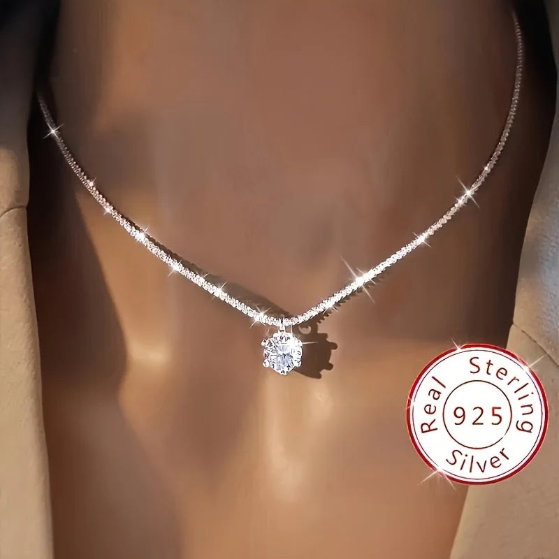 925 Sterling Silver Necklace Zircon Pendant Sparkling Necklace Clavicle Chain Women's Party Jewelry Gift
