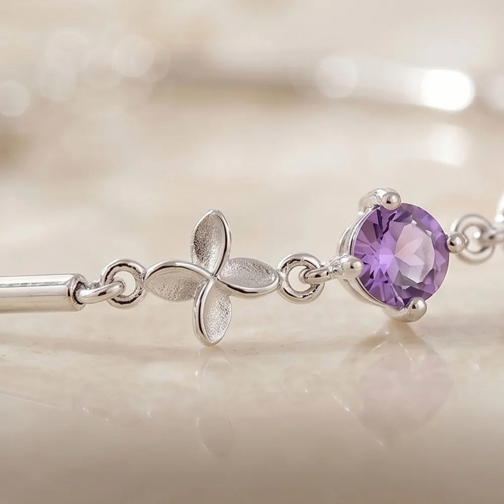 Silver Color Four Leaf Clover Bracelets For Women Purple Cubic Zirconia Thin Bar Chain Hand Chain Dainty Daily Jewelry Gifts