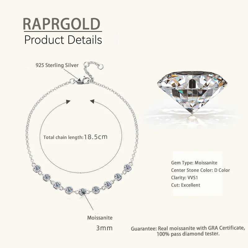 RAPRGOLD S925 Sterling Silver Bracelet for Women Round All Moissanite Charm Bracelets Chain Wedding Fine Jewelry Gifts Pulseras