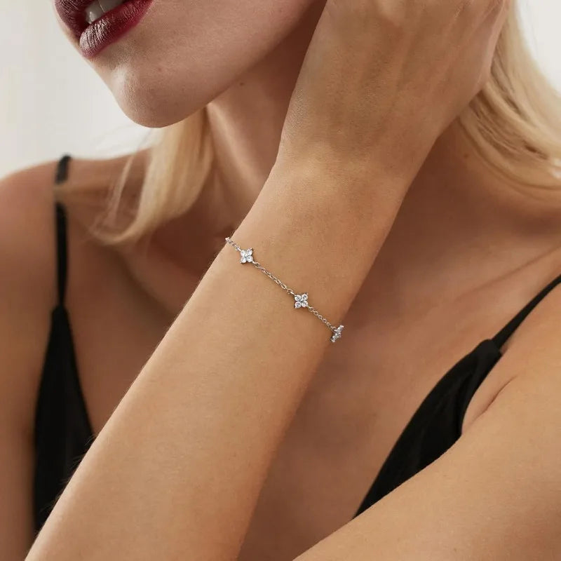 925 Silver Plated Four Leaf Flower 18k Gold Zircon Bracelet For Women Temperament Exquisite Adjustable Link Chain Jewelry Gifts