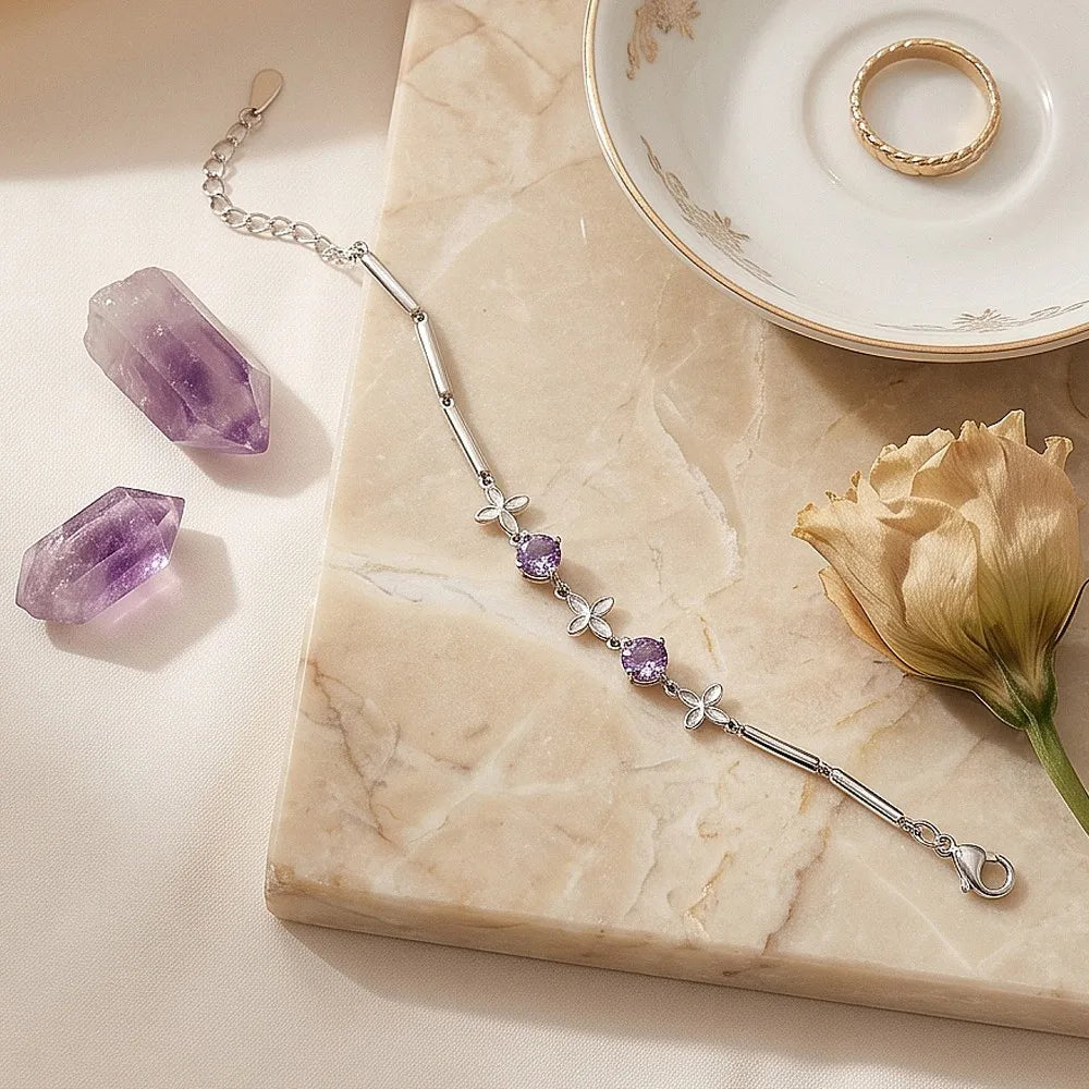 Silver Color Four Leaf Clover Bracelets For Women Purple Cubic Zirconia Thin Bar Chain Hand Chain Dainty Daily Jewelry Gifts