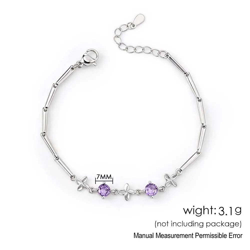 Silver Color Four Leaf Clover Bracelets For Women Purple Cubic Zirconia Thin Bar Chain Hand Chain Dainty Daily Jewelry Gifts