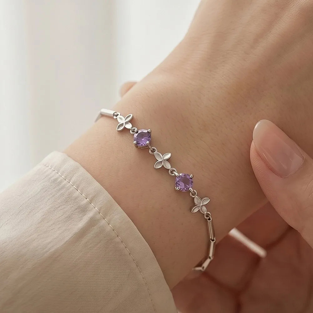 Silver Color Four Leaf Clover Bracelets For Women Purple Cubic Zirconia Thin Bar Chain Hand Chain Dainty Daily Jewelry Gifts
