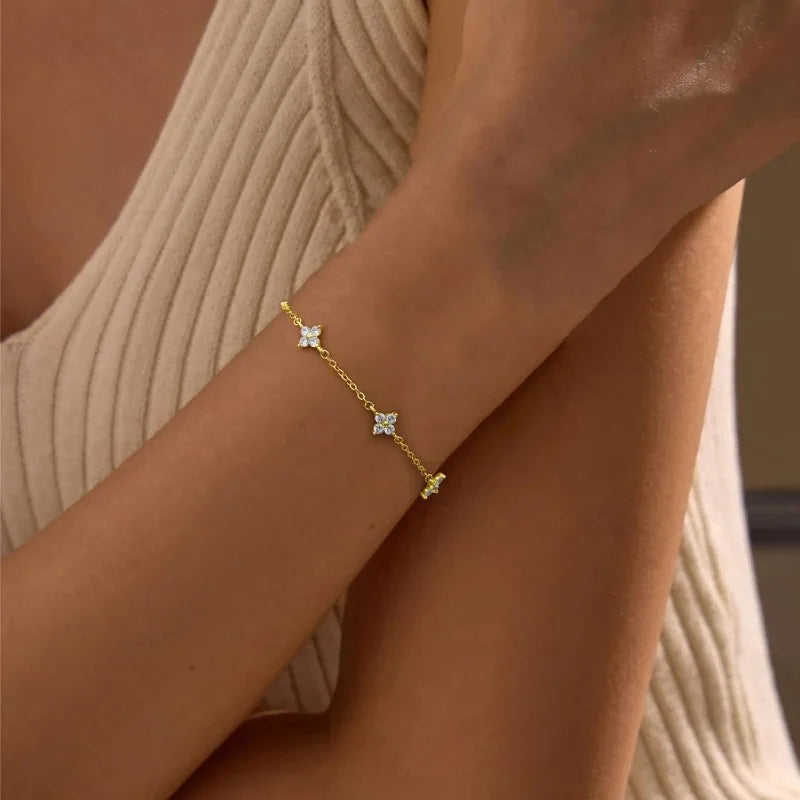 925 Silver Plated Four Leaf Flower 18k Gold Zircon Bracelet For Women Temperament Exquisite Adjustable Link Chain Jewelry Gifts