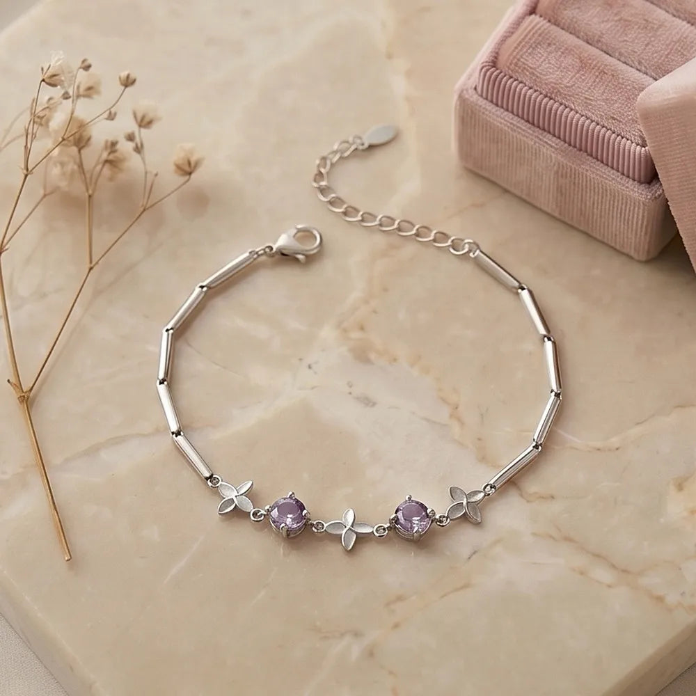 Silver Color Four Leaf Clover Bracelets For Women Purple Cubic Zirconia Thin Bar Chain Hand Chain Dainty Daily Jewelry Gifts