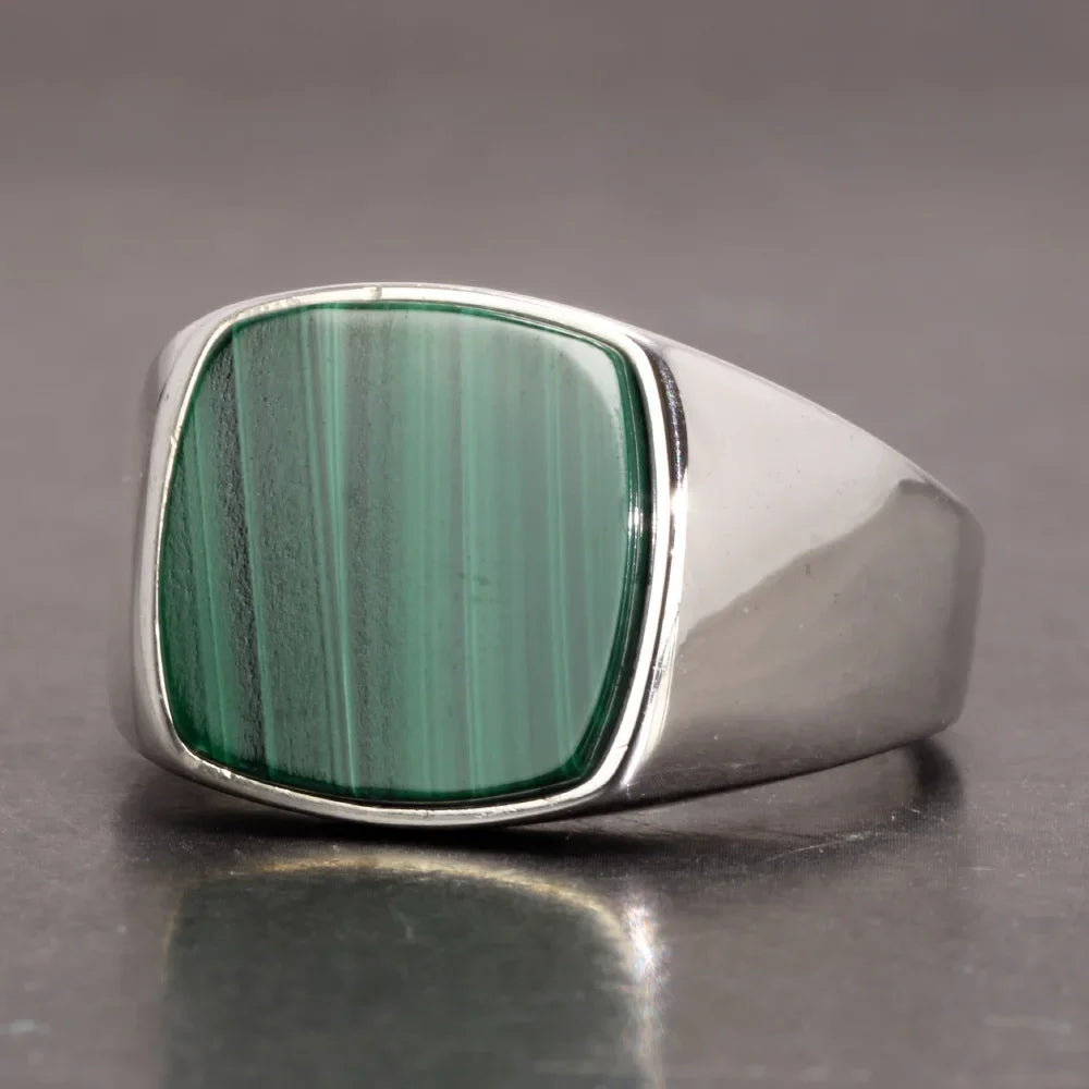 Genuine 925 Sterling Silver Men Rings with Natural Agate Malachite Lapis Square Stone Minimalist Rings Male Jewelry
