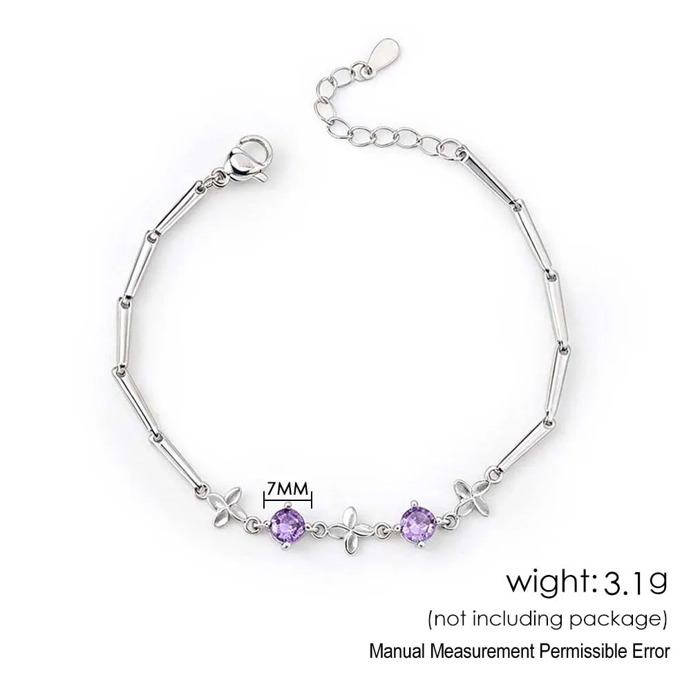 Silver Color Four Leaf Clover Bracelets For Women Purple Cubic Zirconia Thin Bar Chain Hand Chain Dainty Daily Jewelry Gifts