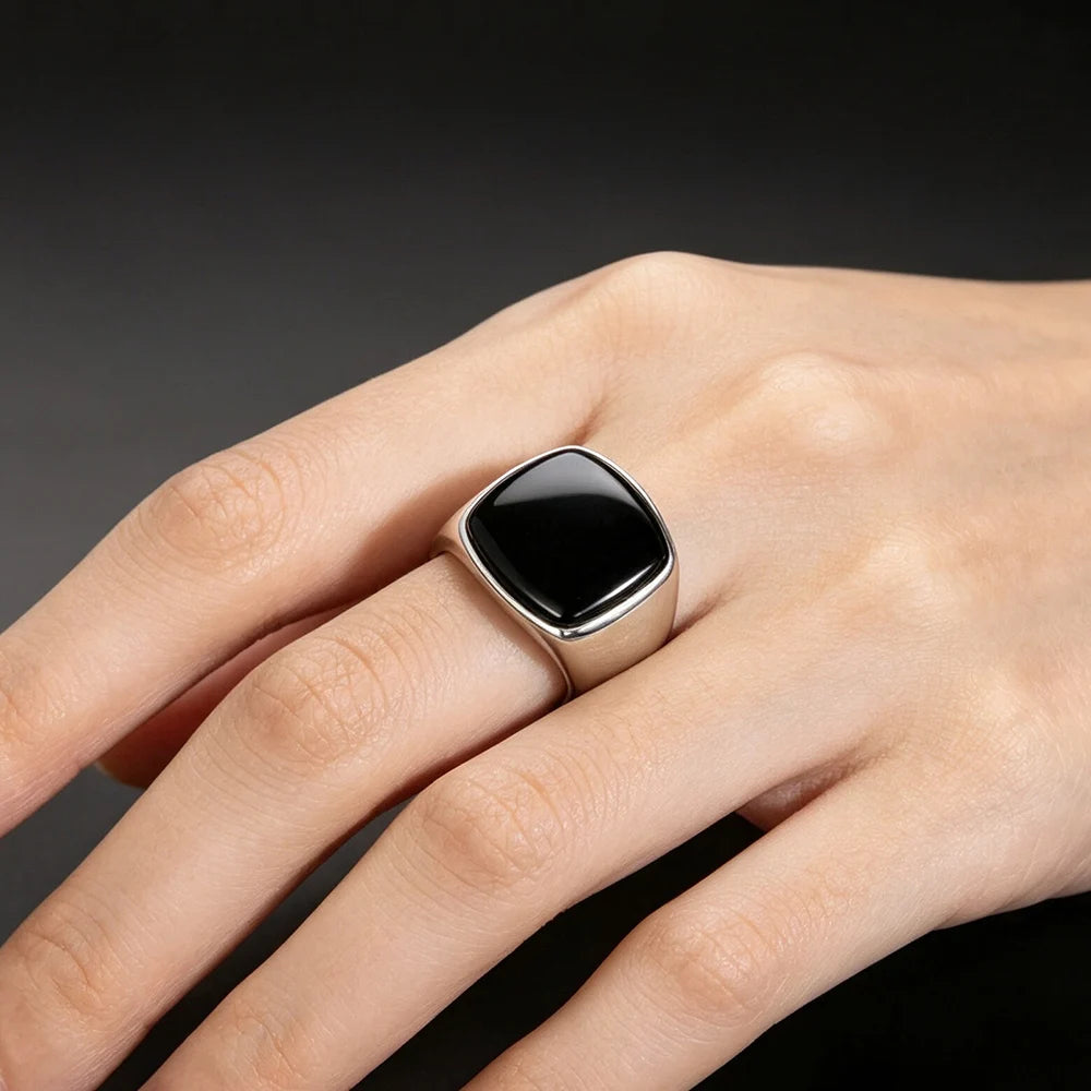 Genuine 925 Sterling Silver Men Rings with Natural Agate Malachite Lapis Square Stone Minimalist Rings Male Jewelry