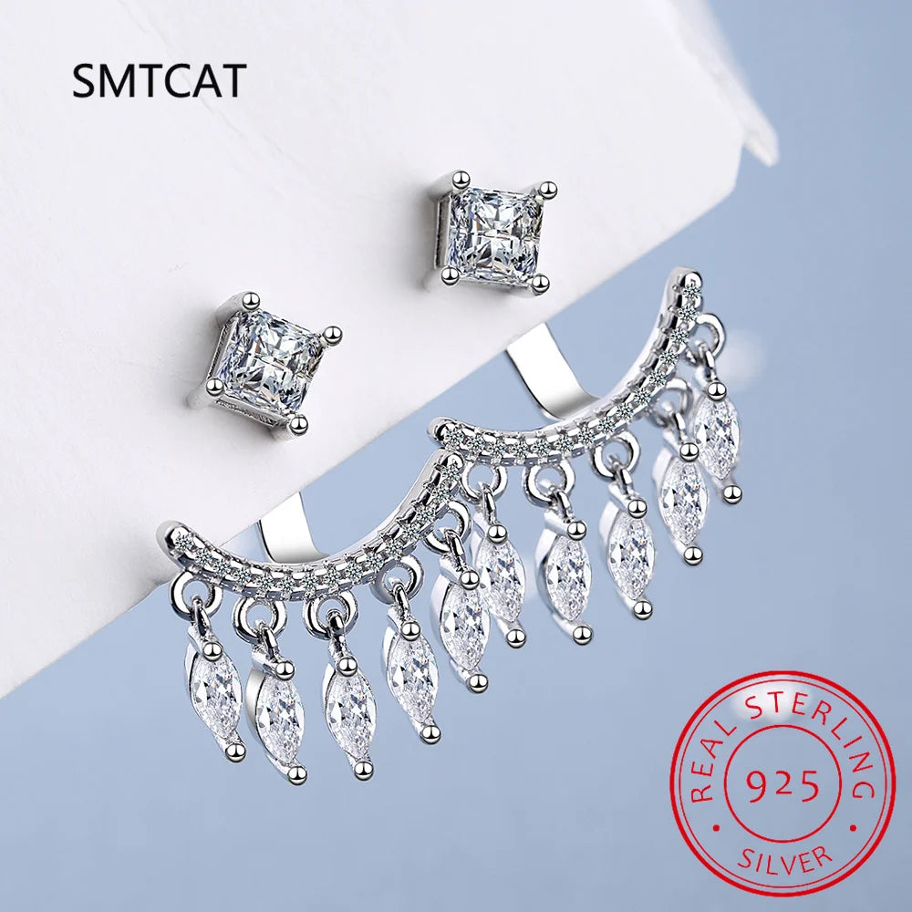 Front Back Double Sided Moissanite Stud Earring Pendientes Plata 925 Sterling Silver Earrings For Women 2 in 1 Ear Jewelry