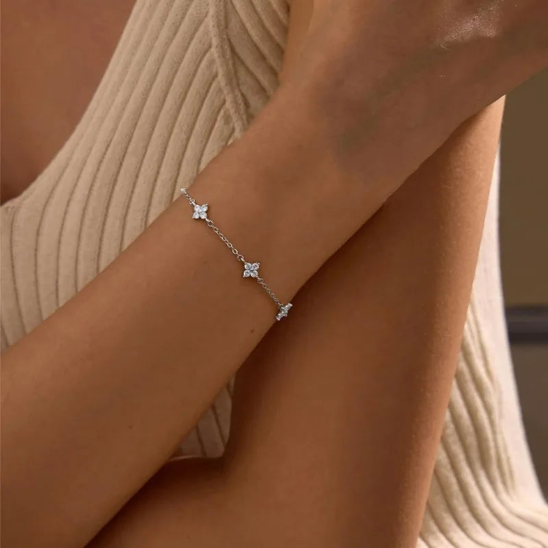 925 Silver Plated Four Leaf Flower 18k Gold Zircon Bracelet For Women Temperament Exquisite Adjustable Link Chain Jewelry Gifts
