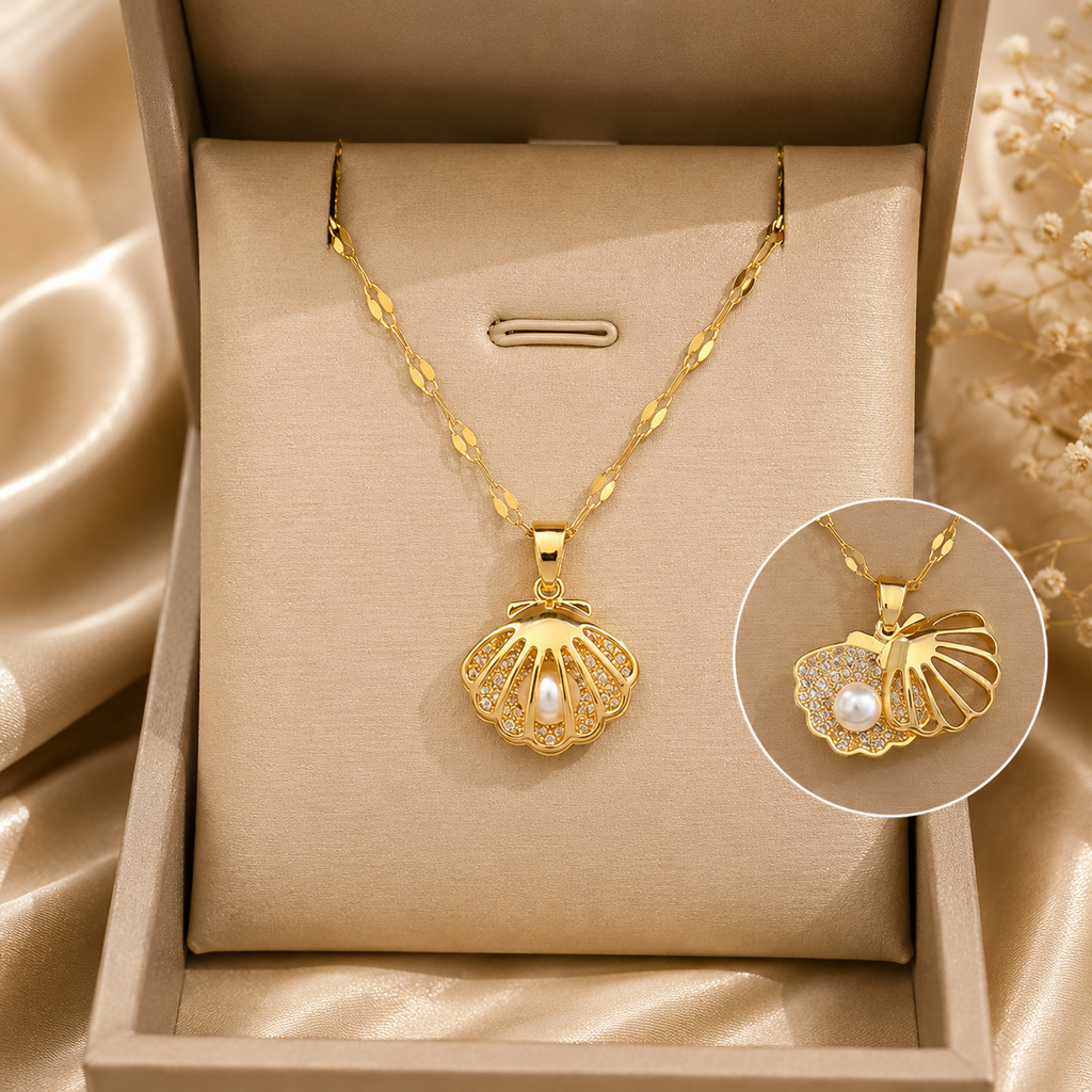 Shell necklace with pearl in stainless steel
