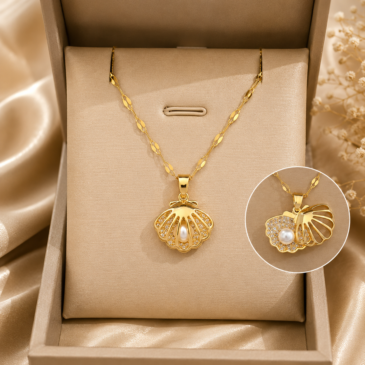 Shell necklace with pearl in stainless steel